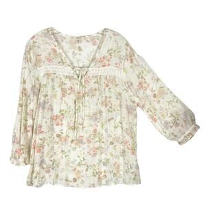 NWOT COMO BLU Top XL Pink Ivory Floral Crochet Bow Toe Balloon Pleated Long-Slv